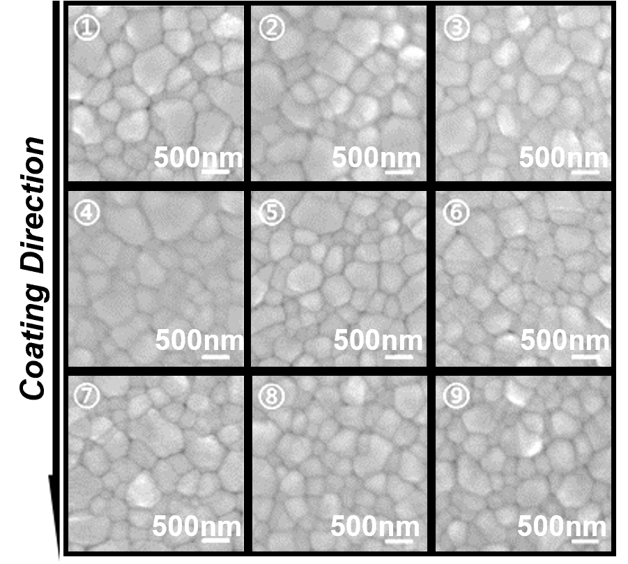 9宫格不同镀膜位置反映钙钛矿薄膜结晶一致性的SEM照片.png 钙钛矿基础涂布液  九曜配方